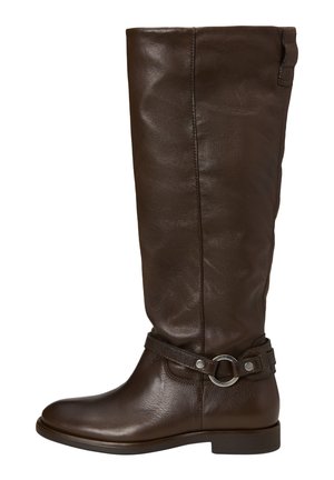 Dark brown knee-high leather boot with flat heel and decorative strap with metal ring around ankle.