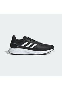 Chaussure de course noire avec semelle blanche et trois bandes blanches sur le côté, avec tissu en mesh et lacets.