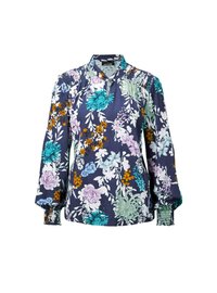 Blusa floreale in blu navy, con fiori multicolori in teal, viola e arancione. Presenta polsini arricciati e un colletto a fascia.