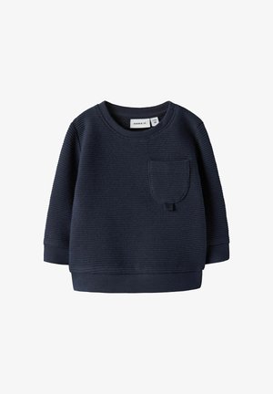 Pull pour tout-petit bleu marine texturé à manches longues avec col rond et petite poche poitrine.