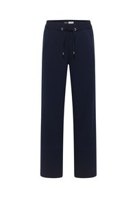 Granatowe spodnie dresowe wykonane z miękkiej tkaniny, z elastycznym pasem i sznurkiem do regulacji, prostym krojem nogawek, bez widocznych wzorów czy zdobień.