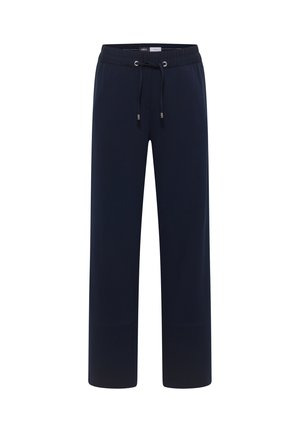 Námořnicky modré tepláky z měkké látky, s elastickým pasem s šňůrkou, rovnými nohavicemi a bez viditelných vzorů nebo ozdob.