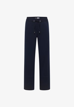 Námořnicky modré tepláky z měkké látky, s elastickým pasem s šňůrkou, rovnými nohavicemi a bez viditelných vzorů nebo ozdob.