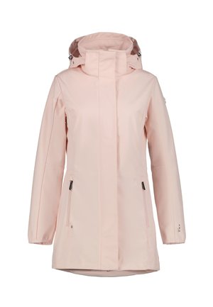 Chaqueta impermeable para mujer en rosa claro, con capucha, mangas largas, cremallera frontal cubierta por una solapa y bolsillos laterales con cremallera.