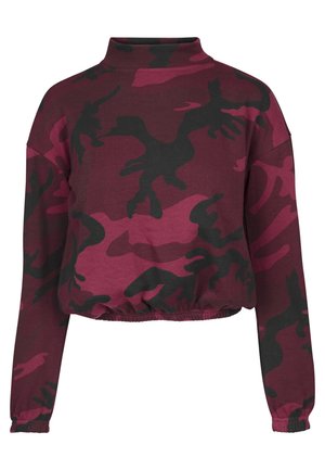 Sudadera recortada en color burdeos con un patrón de camuflaje negro y rosa, cuello alto, mangas largas y dobladillo elástico. Textura de tejido suave.