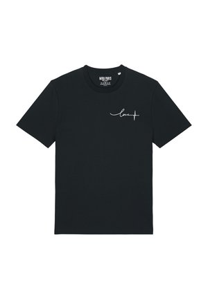 T-shirt en coton noir à manches courtes, avec un texte en cursive blanche "love" et un dessin de ligne de rythme cardiaque sur la partie gauche de la poitrine.