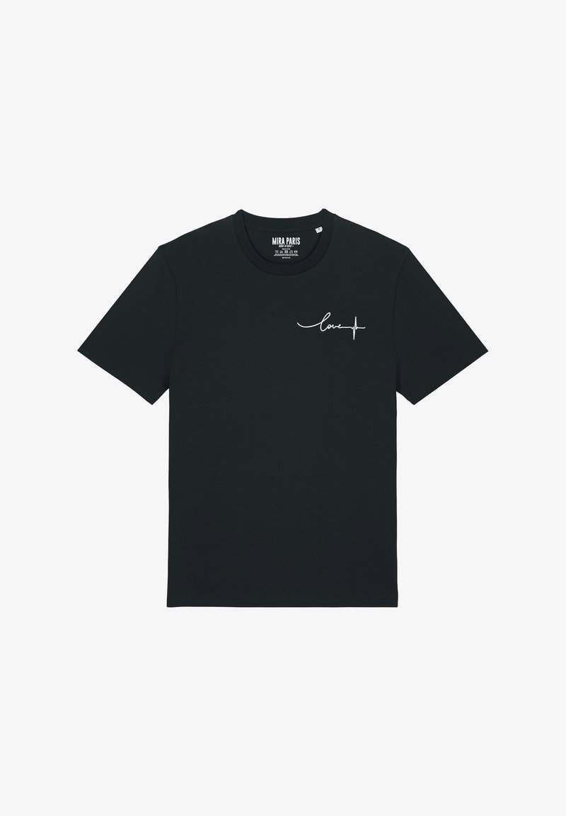 Schwarzes Baumwoll-T-Shirt mit kurzen Ärmeln, auf der linken Brustseite mit weißem, kursivem "love"-Schriftzug und Herzschlag-Linien-Design.