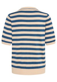 Beżowy i ciemnoniebieski sweter w poziome paski z krótkim rękawem i okrągłym dekoltem, przedstawiony z tyłu.
