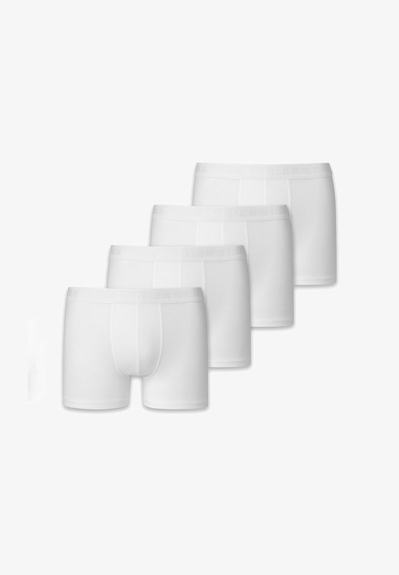 Bóxers de algodón blanco, con cinturilla elástica con logo, textura suave y ajuste clásico. Paquete de cuatro pares idénticos.