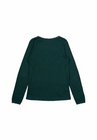 Långärmad skjorta i mörkgrön, med ribbad textur och rund halsringning med en något fransad fåll. Enkel, enfärgad design.