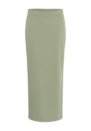 Jupe crayon élégante, jusqu'aux genoux, en jersey doux de couleur vert clair avec une texture lisse et une taille élastique.