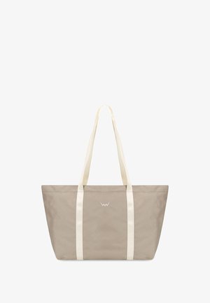 Graue Leinentasche mit cremefarbenen Griffen, mit strukturierter Form und subtiler Logo in der Mitte. Strapazierfähiges Material, simples Design.