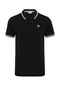 Zwart polo shirt van katoen met een kraag, drie knopen en gestreepte accenten in wit, rood en blauw op de kraag en mouwen.