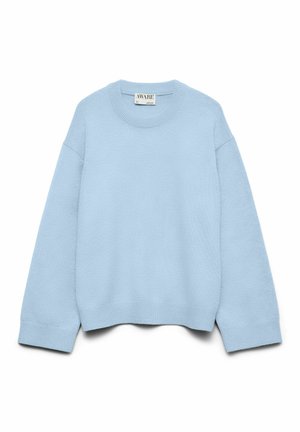 Light blue knit sweater with a round neck, dropped shoulders, and ribbed cuffs and hem. Soft texture, casual fit, and minimal design.