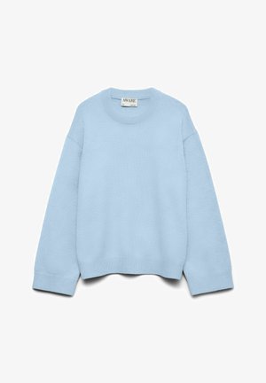 Light blue knit sweater with a round neck, dropped shoulders, and ribbed cuffs and hem. Soft texture, casual fit, and minimal design.