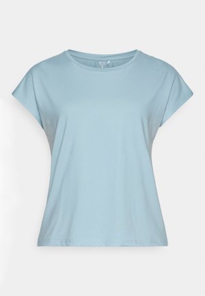 Lyseblå t-skjorte med korte ermer laget av mykt stoff. Har rund hals, avslappet passform og sømmer. Ingen mønstre eller dekorasjoner.