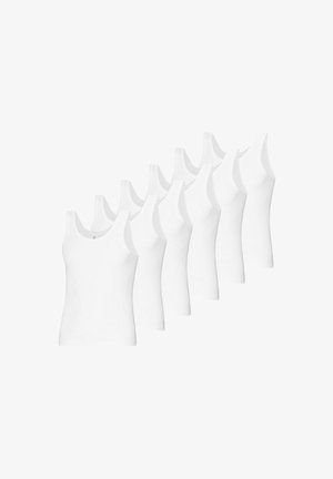 Sechs weiße Baumwoll-Tanktops mit Rundhalsausschnitt und ohne Ärmel, die eine glatte Textur und ein einfaches Design aufweisen.