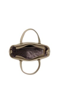 Borsa a mano in pelle beige con doppio manico e dettagli dorati. Presenta due scomparti interni foderati con tessuto a motivo viola.