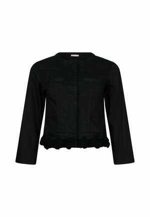 Giacca di jeans nera con maniche lunghe, tasche frontali, scollatura rotonda e bordatura in pizzo a fiori sull'orlo. Vestibilità strutturata e texture morbida.