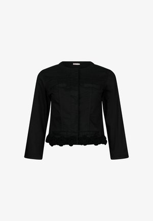 Schwarze Jeansjacke mit langen Ärmeln, Fronttaschen, rundem Halsausschnitt und Spitzenblumenbesatz am Saum. Strukturiert geschnitten und mit glatter Textur.
