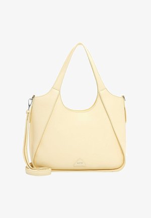 Bolso de hombro de cuero color crema con dos asas, correa larga desmontable y sutil logo en relieve en el centro frontal.