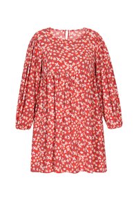 Rochie roșie cu flori, cu decolteu rotund, mâneci lungi tip puff și spate cu tăietură în formă de cheie. Țesătura are o textură fină și un motiv vibrant.
