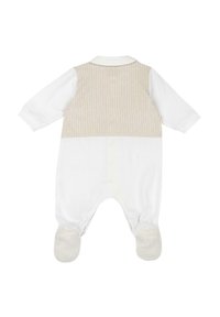 Combinaison blanche pour bébé avec un panneau arrière rayé beige, manches longues et pantalons avec pieds, ornée d'accents doux beige clair.