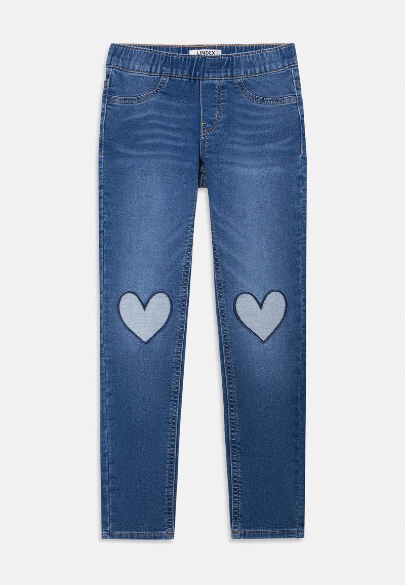 Leggings in denim blu con una cintura elastica, due tasche anteriori e toppe a forma di cuore in contrasto su ciascun ginocchio.