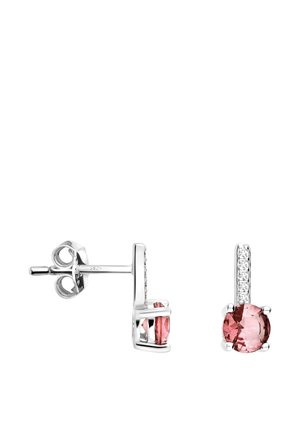 Boucles d'oreilles clous en argent avec des pierres précieuses rondes roses et de petites pierres claires sur la barre verticale tenant la pierre principale.