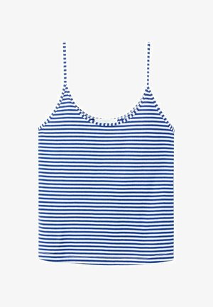 Débardeur à fines bretelles rayé horizontalement bleu et blanc avec un col arrondi sur fond blanc.