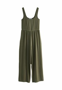 Ärmelloser, olivgrüner Jumpsuit mit weitem Bein, elastischem Taillenbund und Rundhalsausschnitt.