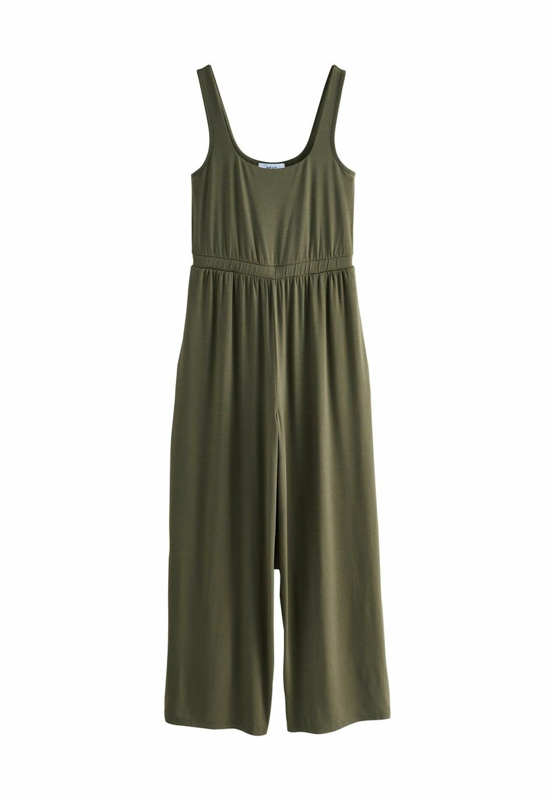 Ärmelloser, olivgrüner Jumpsuit mit weitem Bein, elastischem Taillenbund und Rundhalsausschnitt.