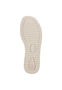 Schoenzool, beige rubber met gestructureerde strepen en een druppelontwerp. Bevat een cirkelvormig logo en maatmarkering "37."