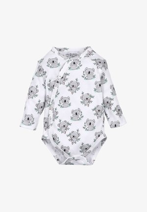 Biała bodysuit z długim rękawem z nadrukiem koali w kolorze szarym i zielonym, z zatrzaskami i miękkim materiałem bawełnianym.
