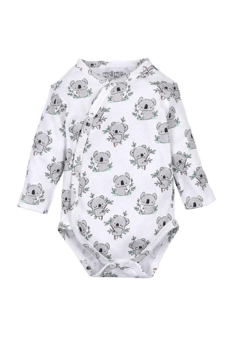 Biała bodysuit z długim rękawem z nadrukiem koali w kolorze szarym i zielonym, z zatrzaskami i miękkim materiałem bawełnianym.