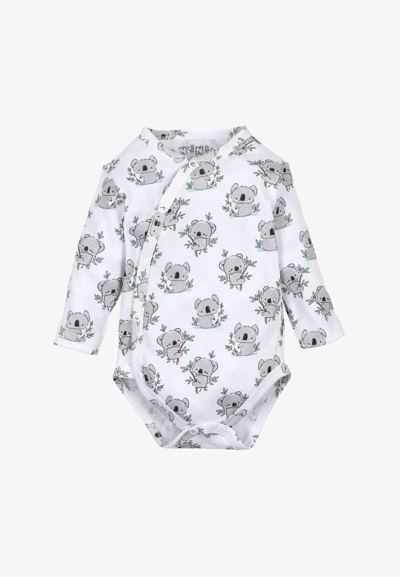Biała bodysuit z długim rękawem z nadrukiem koali w kolorze szarym i zielonym, z zatrzaskami i miękkim materiałem bawełnianym.