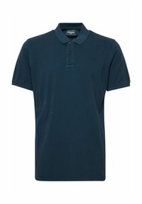 Polo shirt bleu marine en mélange de coton, avec un plastron à trois boutons, des manches courtes et un petit logo sur la poitrine.