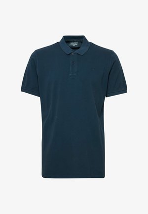 Marineblå polo skjorte laget av bomullsblanding, med tre-knappsdemping, korte ermer og en liten logo på brystet.