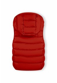 Sac de couchage rouge isolé avec une capuche, présentant des sections matelassées et un extérieur lisse et brillant. Conception compacte pour une utilisation en extérieur.