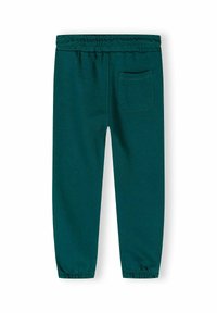 Pantaloni jogger verdi in cotone con vita elastica, caviglie affusolate e una singola tasca posteriore. Texture liscia, design leggero.