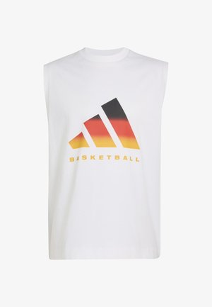 Weißes ärmelloses Shirt mit einem stilisierten Basketball-Logo in Schwarz, Rot und Gelb-Verlauf und dem Schriftzug "BASKETBALL" darunter.