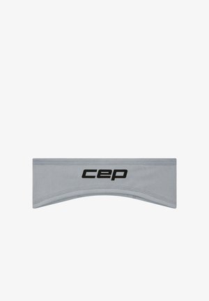 Grijze sporthoofdband gemaakt van vochtabsorberend materiaal, met een zwart "cep"-logo. Het ontwerp is gestroomlijnd en gebogen voor comfort.