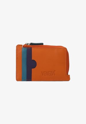 Orange leather wallet with a zippered compartment, featuring teal and purple accent stripes, and embossed "Venezia" logo.