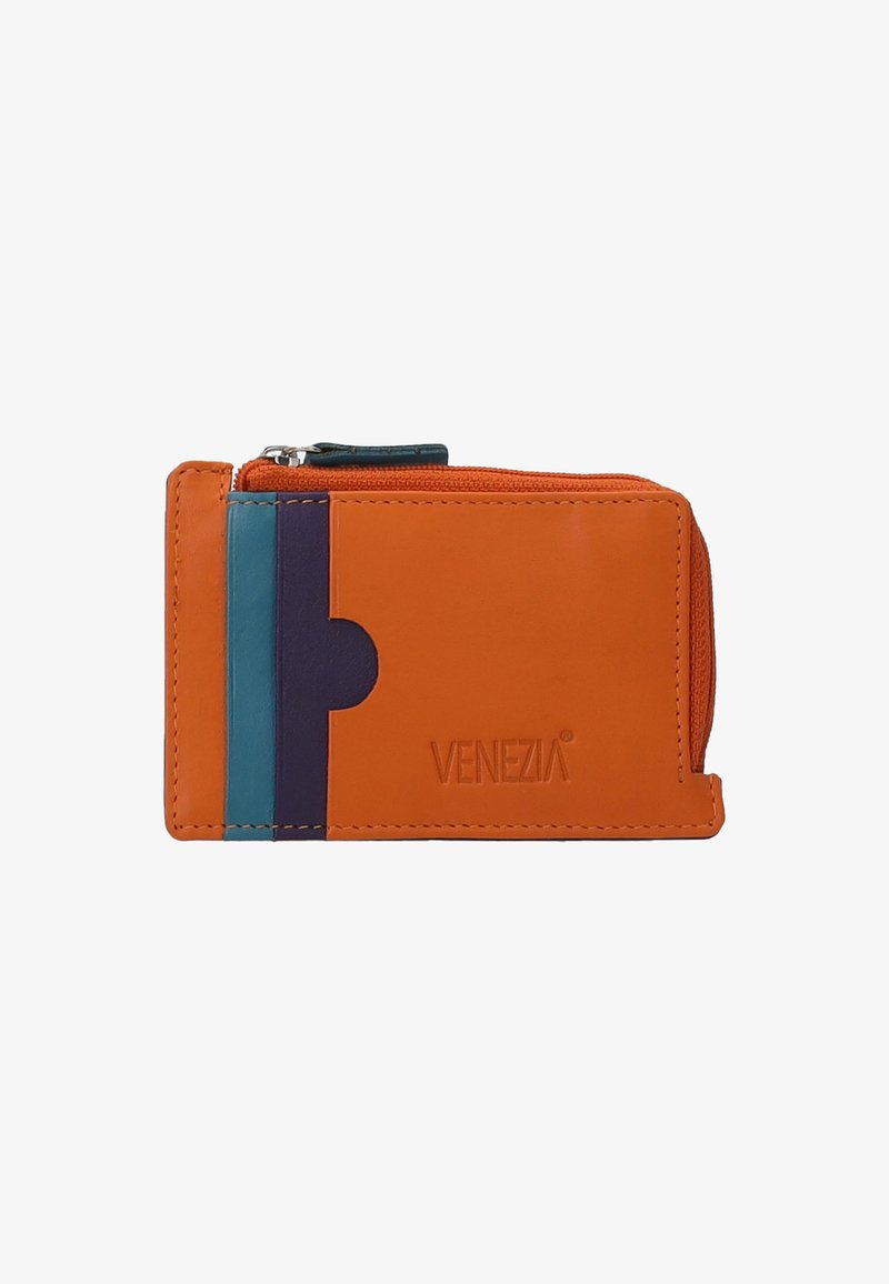 Orange læderpung med en lynlåslomme, med tealfarvede og lilla accentstriber, samt præget "Venezia" logo.