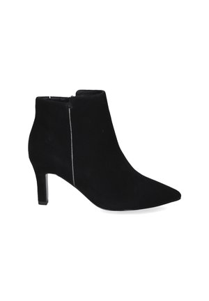 Schwarzer Wildleder-Stiefeletten mit spitzer Zehe, schlankem mittelhohem Absatz und seitlichem Reißverschluss.