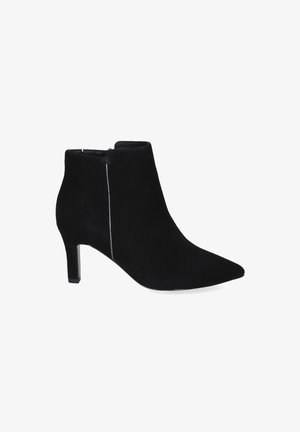 Black suede ankle boot with pointed toe, slim mid-height heel, and side zipper closure.