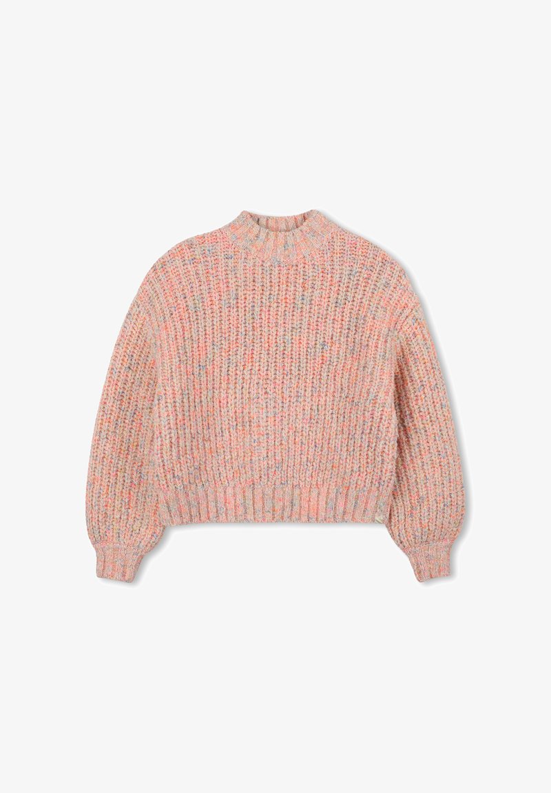 Pull en tricot épais de couleur rose doux avec des éclats multicolores. Doté d'un col rond et de poignets côtelés. Design court avec une finition texturée.