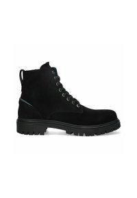 Botas de tobillo de ante negro con un cierre de cordones en la parte delantera, suela de goma y una textura resistente. Incluye una tira en el talón para facilitar el uso y costuras reforzadas.