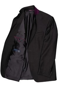 Schwarze Anzugjacke mit einem texturierten Innenfutter in Dunkellila und schwarzen Punkten, ausgestattet mit einem Reverskragen und Manschetten mit vier Knöpfen.