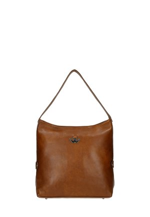 Sac à épaule en cuir brun avec une texture lisse, de forme arrondie et une seule bandoulière. Il arbore un emblème en métal argenté à l'avant.